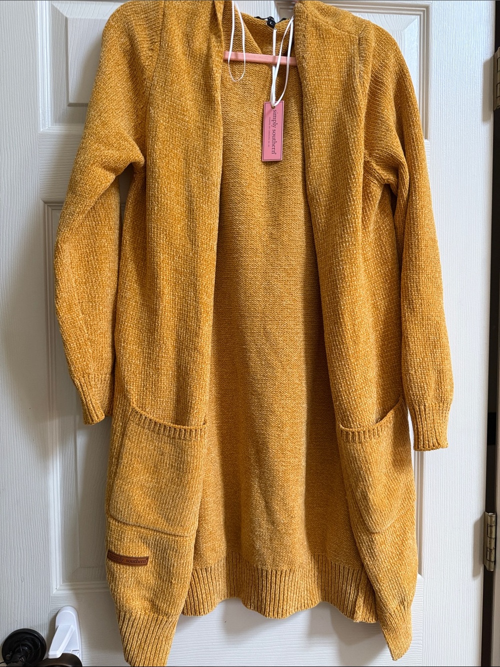 Simply Southern Chenille Mustard Open-Front Longline Sweater Cardigan - Women